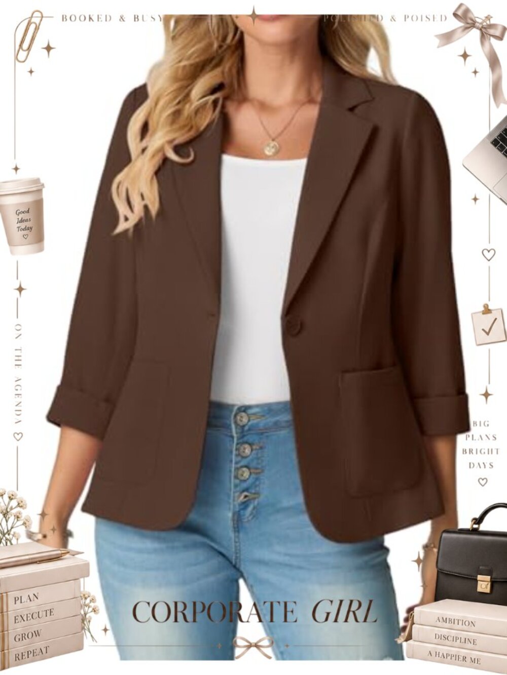 Womens Lightweight Polyester Blend Blazer 3/4 Sleeve Business Casual Suit Jacket